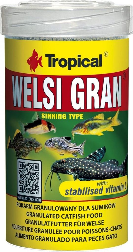 A product shot of a container of fish food with images of fish on the label.