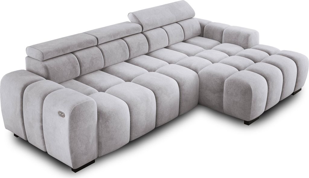 Ecksofa OMBO 285x168x77/97 cm, Rechte Seite Mit Schlaffunktion, Elektrisch Ausziehbarer Sitzfläche, Verstellbaren Kopfstützen, Dunklen Buchenholz...
