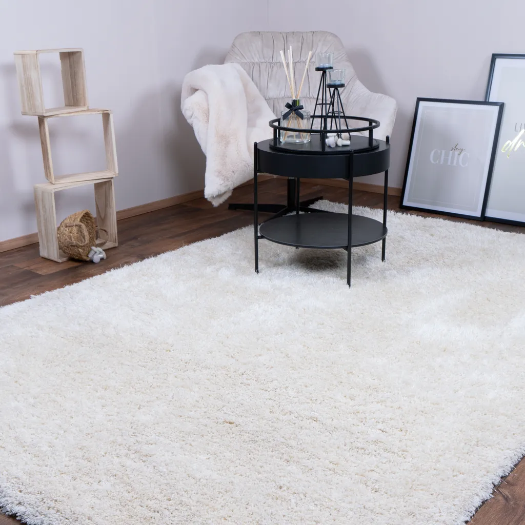 Tapis Mona Shaggy 120x170 cm, Couleur Crème, Fait à la Main Moderne