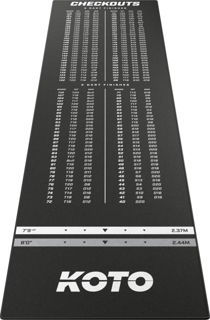 KOTO - Dartteppich Carpet Checkout Schwarz, 285x80cm Dartmatte, Schutz Bodens & Dartpfeile, Mit Score-Indikation + Oche