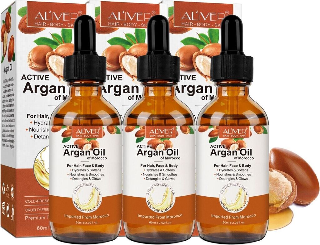 Arganöl Haaröl Hautöl Gesicht Haut Haar Nagel Bart Pflege kaltgepresst Bio Vegan, 3x 60ml