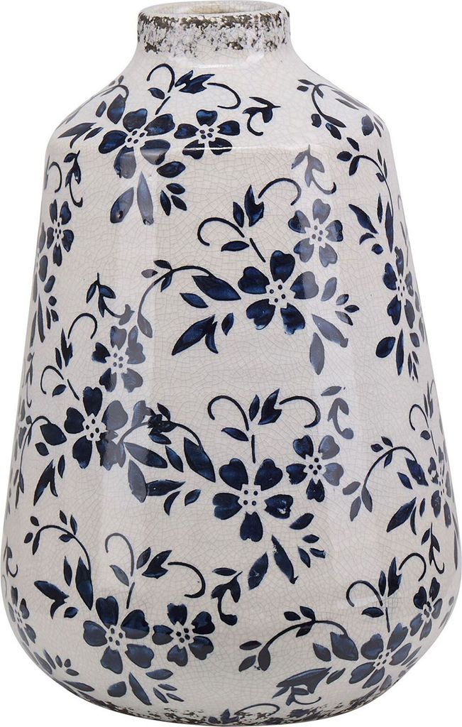 BELIANI Blumenvase Weiß Steinzeug Handgefertigt 25 cm mit Blauem Blumenmotiv Wasserdicht Deko Accessoires Wohnzimmer Schlafzimmer Flur Kamin