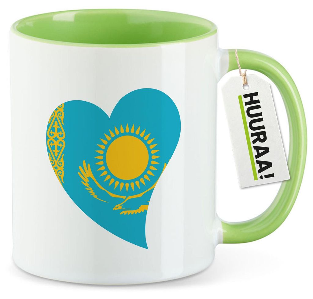 Huuraa Kaffeetasse Kasachstan Flagge Herz 330ml Grün Keramik Kaffeebecher Geschenkidee