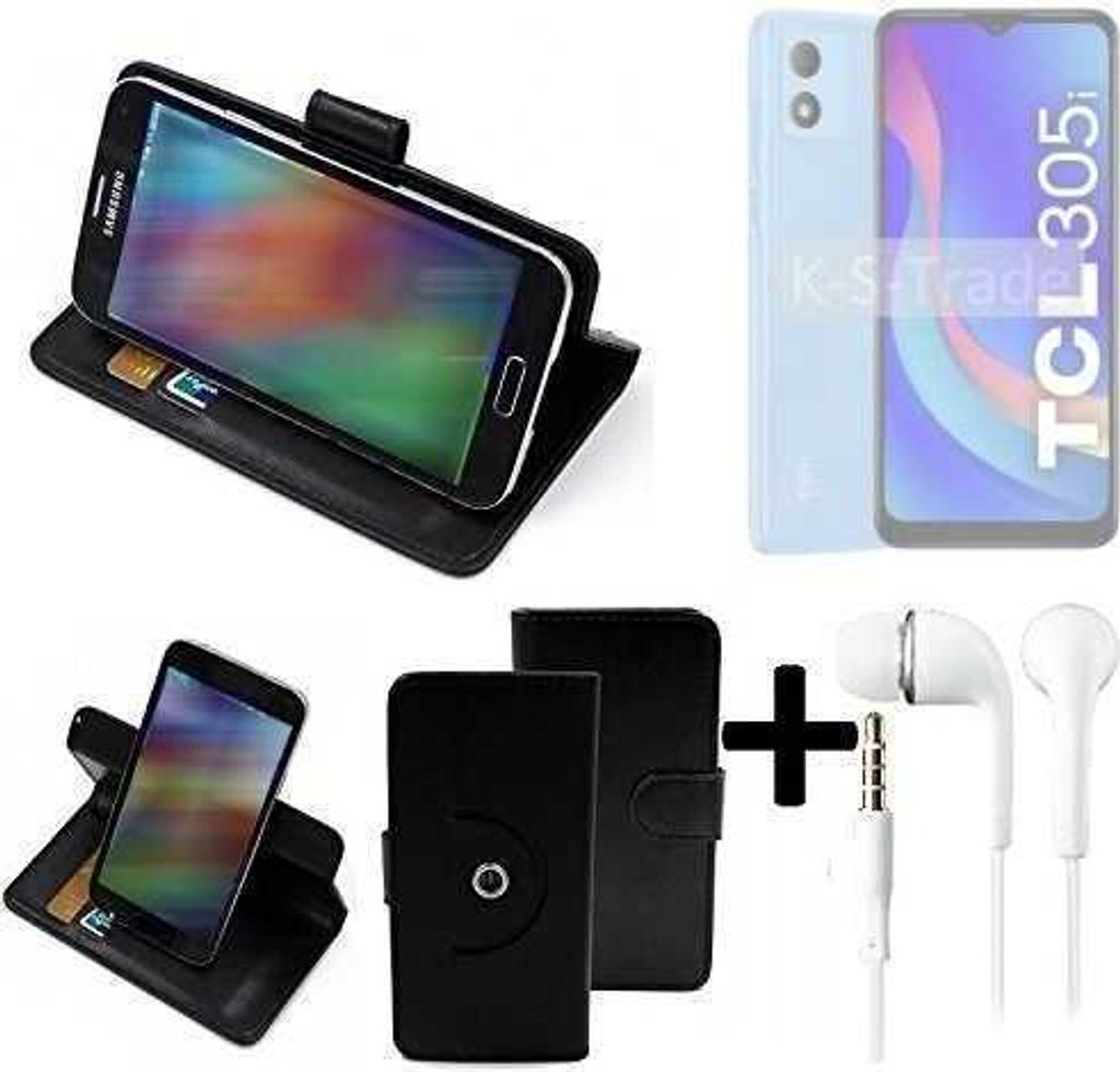 K-S-Trade Handy Hülle Schutz Hülle + Kopfhörer kompatibel mit TCL 305i Handyhülle Flipcase Smartphone Cover Handy Schutz Tasche Walletcase schwarz