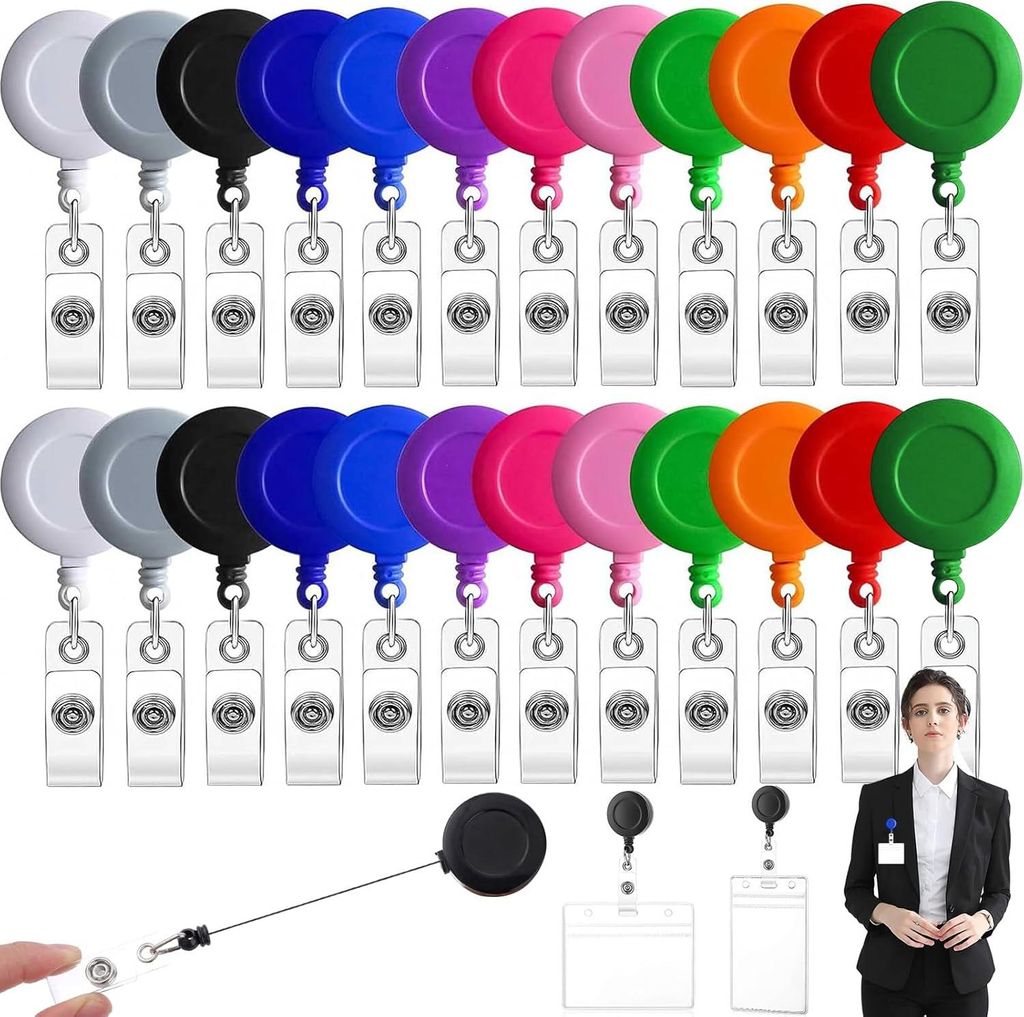 24 Stück einziehbare Badgehalter Clips - Buntes Design - ID-Kartenhalter - Einziehbare Rolle - 12 Farben - 75 cm ausziehbar