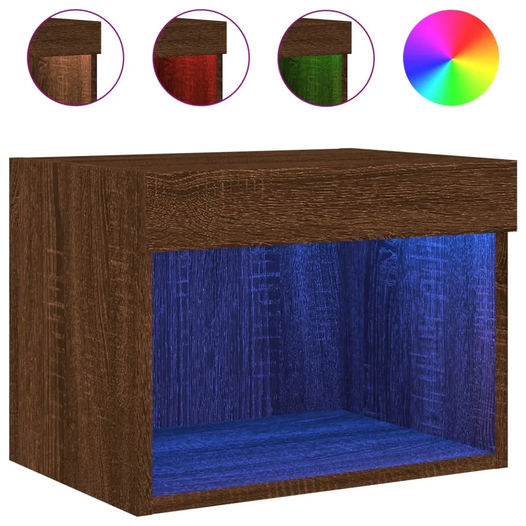 Table de chevet suspendue avec éclairage LED - Lot de 2 brun chêne massif