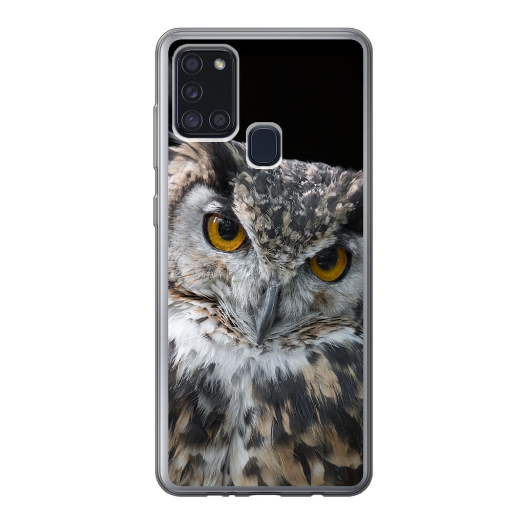 MuchoWow Handyhülle Schutzhülle Hülle für Samsung Galaxy A21s Porträt einer braunen Eule auf schwarzem Hintergrund Silikon Softcase Handy H...
