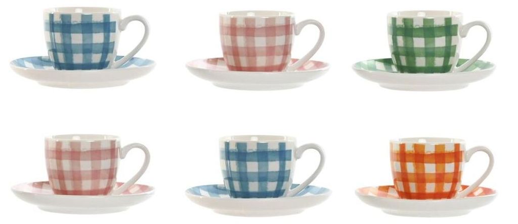 Set aus 6 Teetassen mit Teller Home ESPRIT Blau Weiß grün Orange Rosa Porzellan Streifen Mediterraner 90ml
