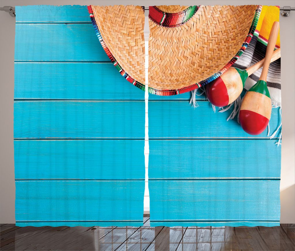ABAKUHAUS Mexikaner Rustikaler Gardine, Latin Sombrero, Schlafzimmer Kräuselband Vorhang mit Schlaufen und Haken, 280 x 245 cm, Creme Blau