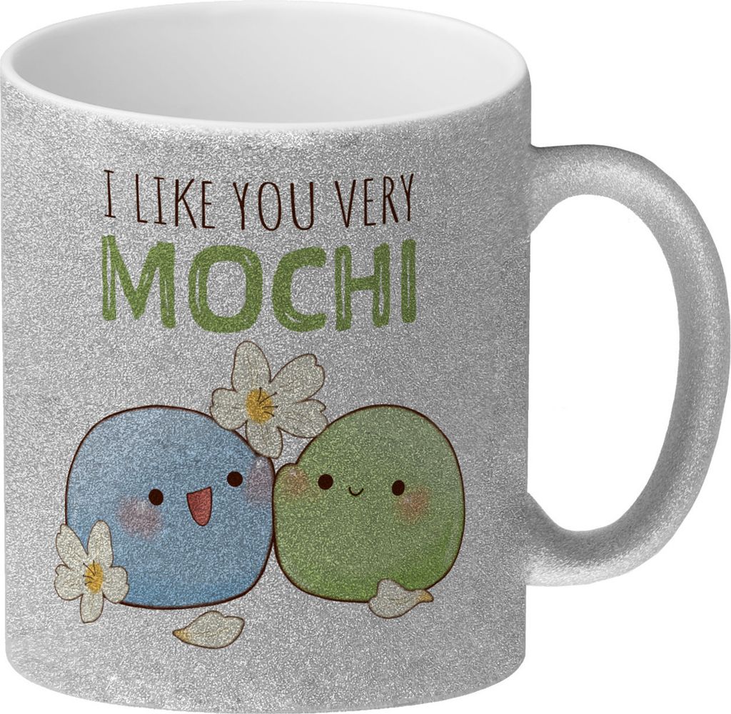 Mochi Freunde Glitzer-Kaffeebecher mit Spruch I like you very Mochi