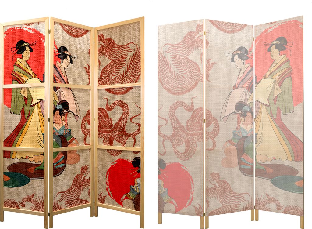 Paravent Geisha & Drache 135x171 cm - 3-teilig - einseitig Produktbild 