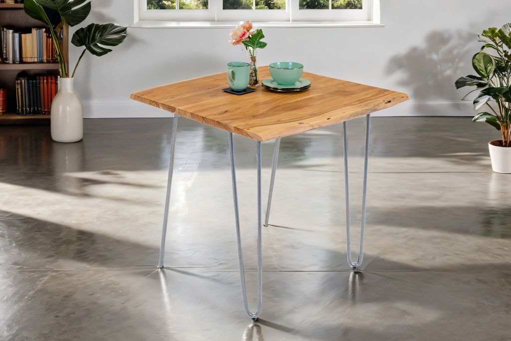 SAM Esstisch Baumkante massiv Akazie natur 90x90 Hairpin-Gestell silber HANNAH