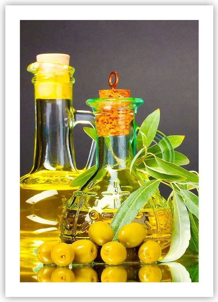 Poster - Poster ohne Rahmen - Flasche Glas Olive Öl - 50x70 cm - Wand Bild - Wanddeko - Wandbilder - Kunstposter - Wandposter - Bilder - Kunstdruc...