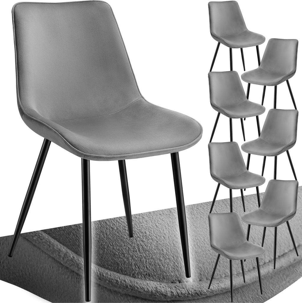 A set of gray chairs with black legs, arranged in a collage.