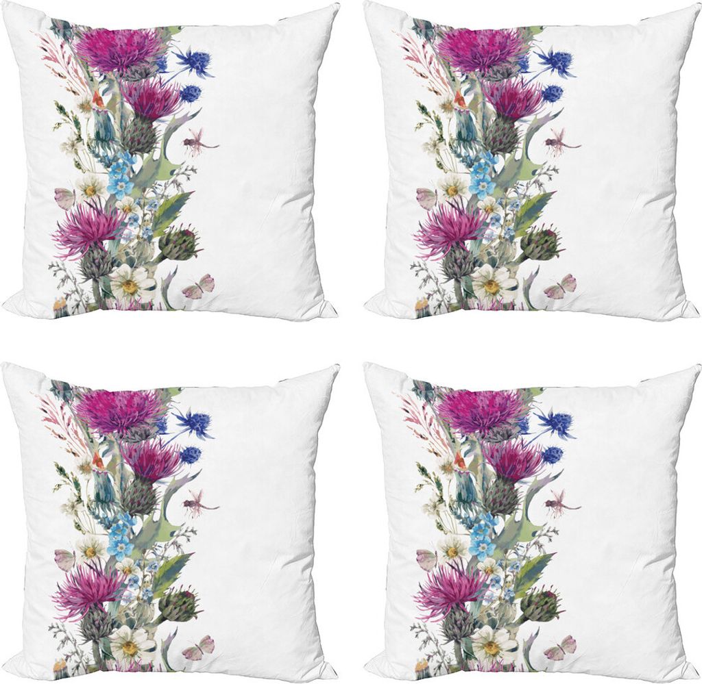 ABAKUHAUS Distel Kissenbezug Set (4 Stück), Vintage Herbal Border, Moderner Doppelseitiger Digitaldruck, 50 cm x 50 cm, Mehrfarbig