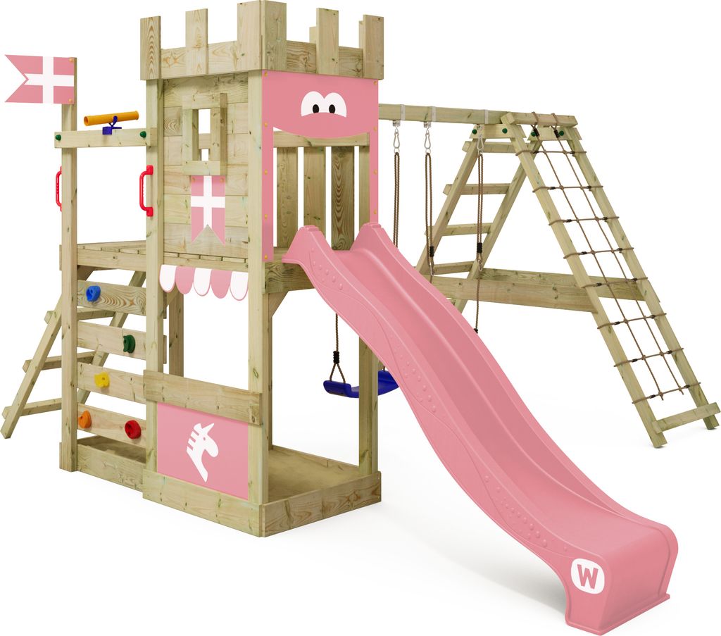 WICKEY Spielturm Ritterburg DragonFlyer mit Schaukel & Rutsche, Spielhaus mit Sandkasten, Kletterleiter & Spiel-Zubehör – pastellpink