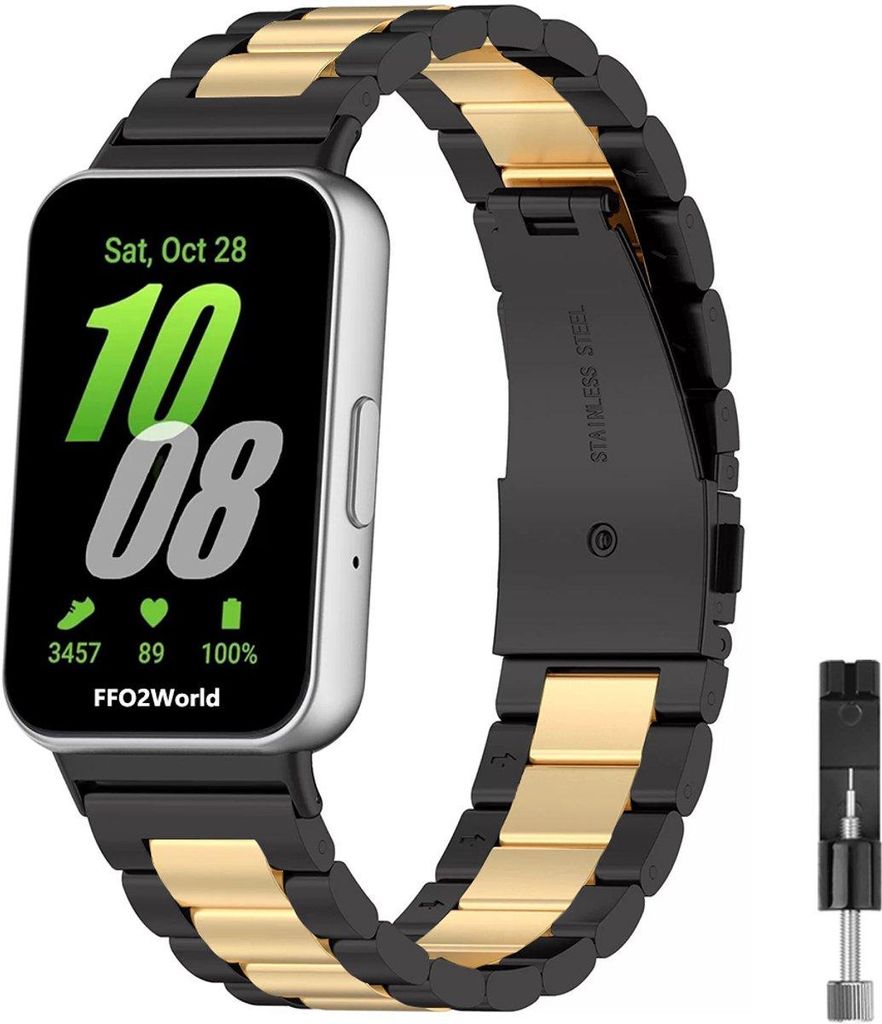 FFO2World Stahlgliederarmband - Passend für Samsung Galaxy Fit 3 - Metallarmband aus Edelstahl - Schwarz/Gold (Inklusive Kürzungswerkzeug)