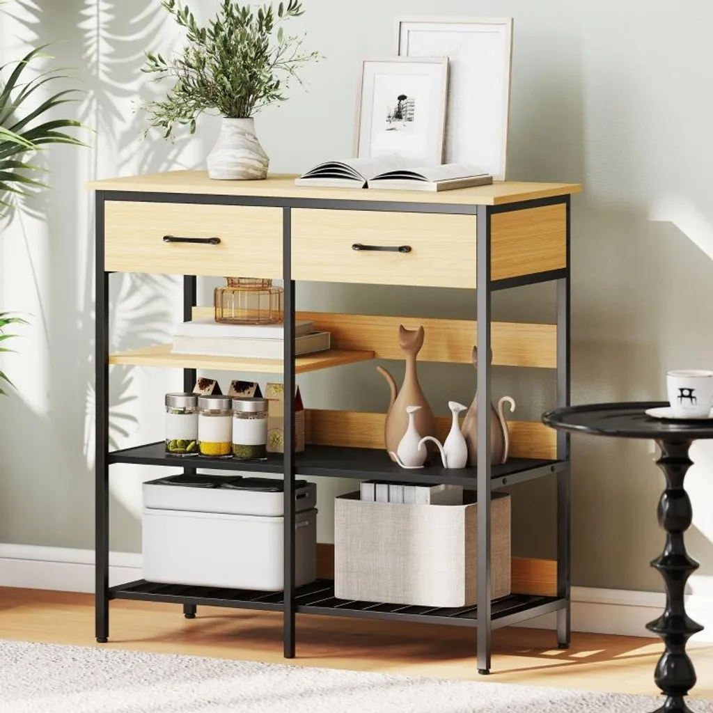 Fortuna Lai Buffet Commode à 2 Tiroirs et 3 Étagères en Bois Naturel