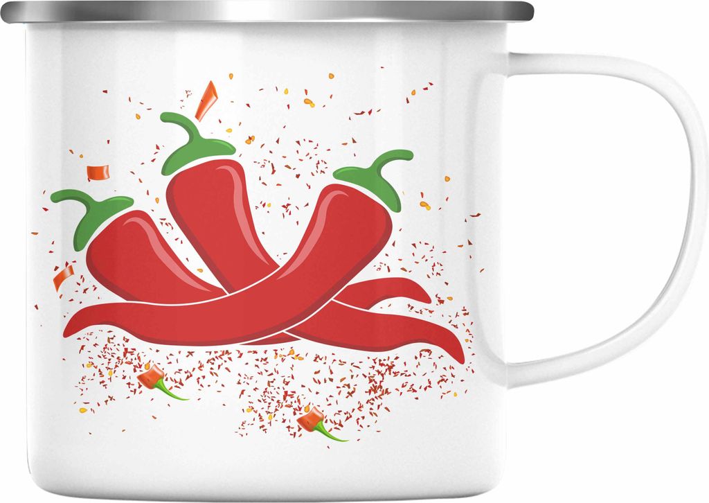 Trendation - Peperoni Grafik Geschenk Emaille Tasse Scharf Du Bist Scharf (Silber)