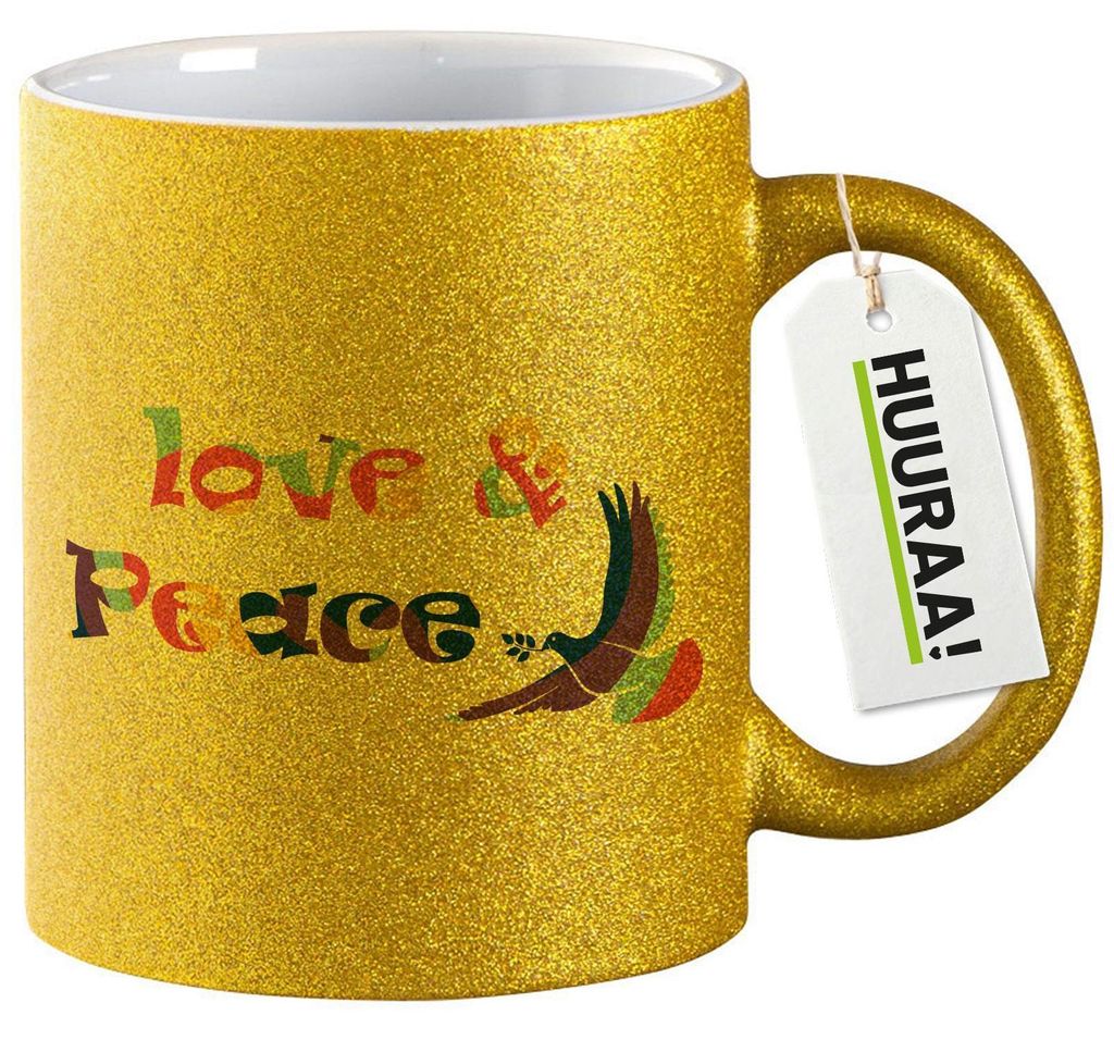 Huuraa Glitzertasse Love & Peace 330ml Gold Keramik Kaffeebecher Geschenkidee