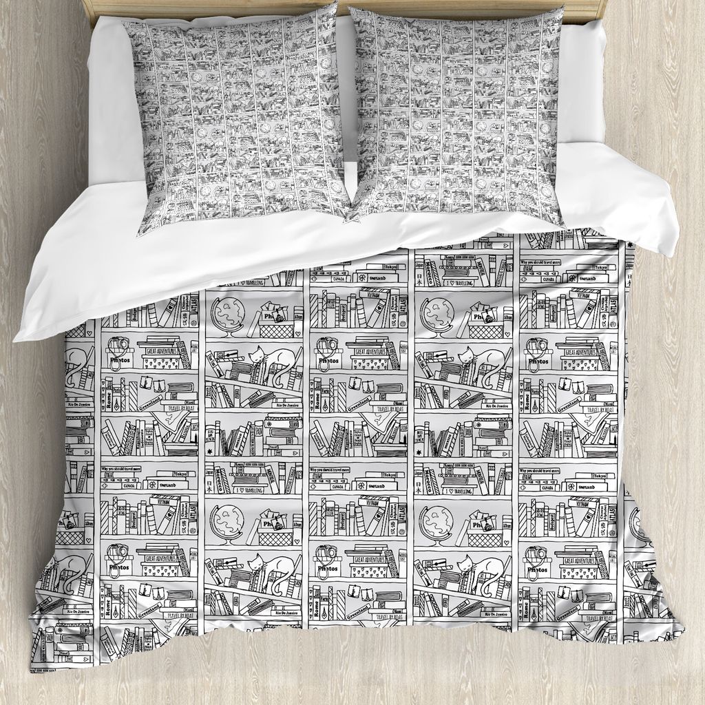 ABAKUHAUS Retro Bettbezug Set für Einzelbetten, Bücherregal mit Sketchy, Milbensicher Allergiker geeignet mit Kissenbezug, 155 cm x 220 cm - 80 x...