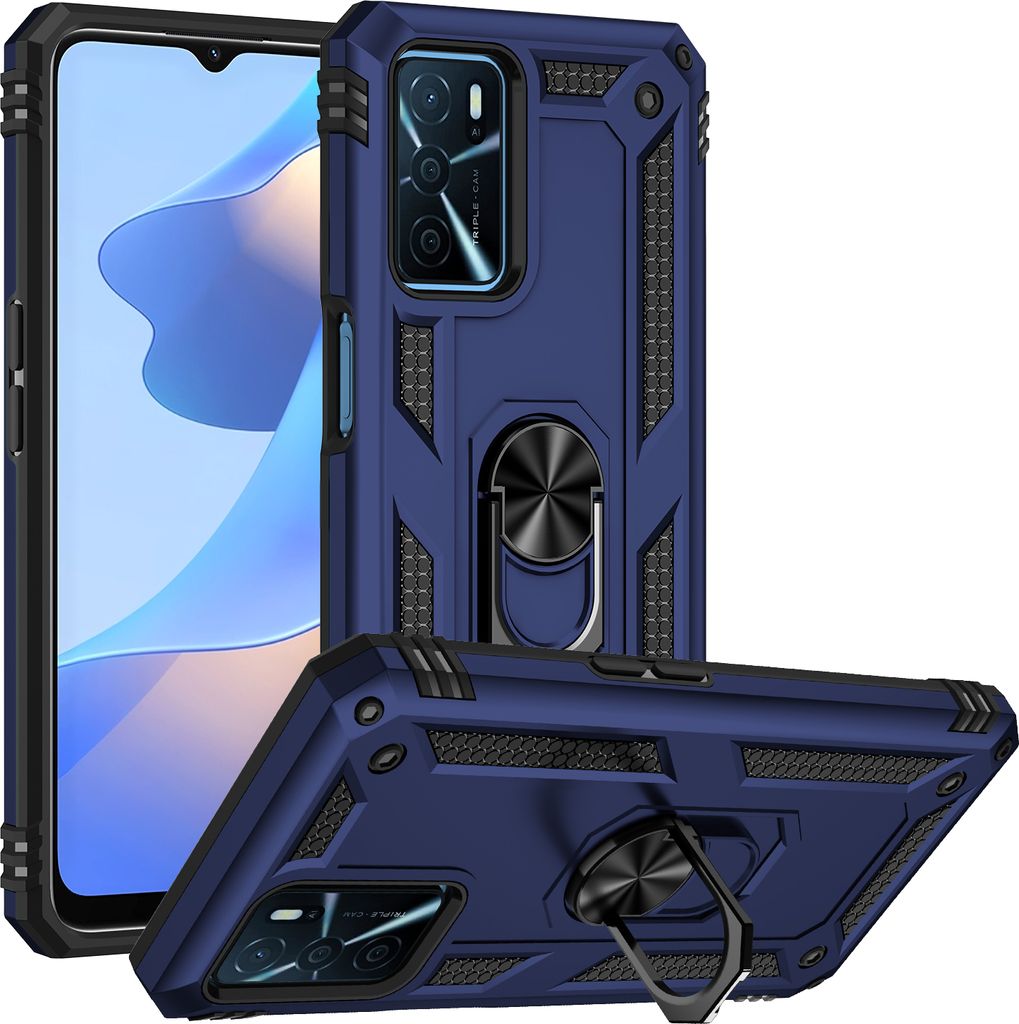 OPPO A16 Hülle, Dual Layer Militäre Fallschutz Schutzhülle mit Ringhalterung Ständer für OPPO A16 Blau