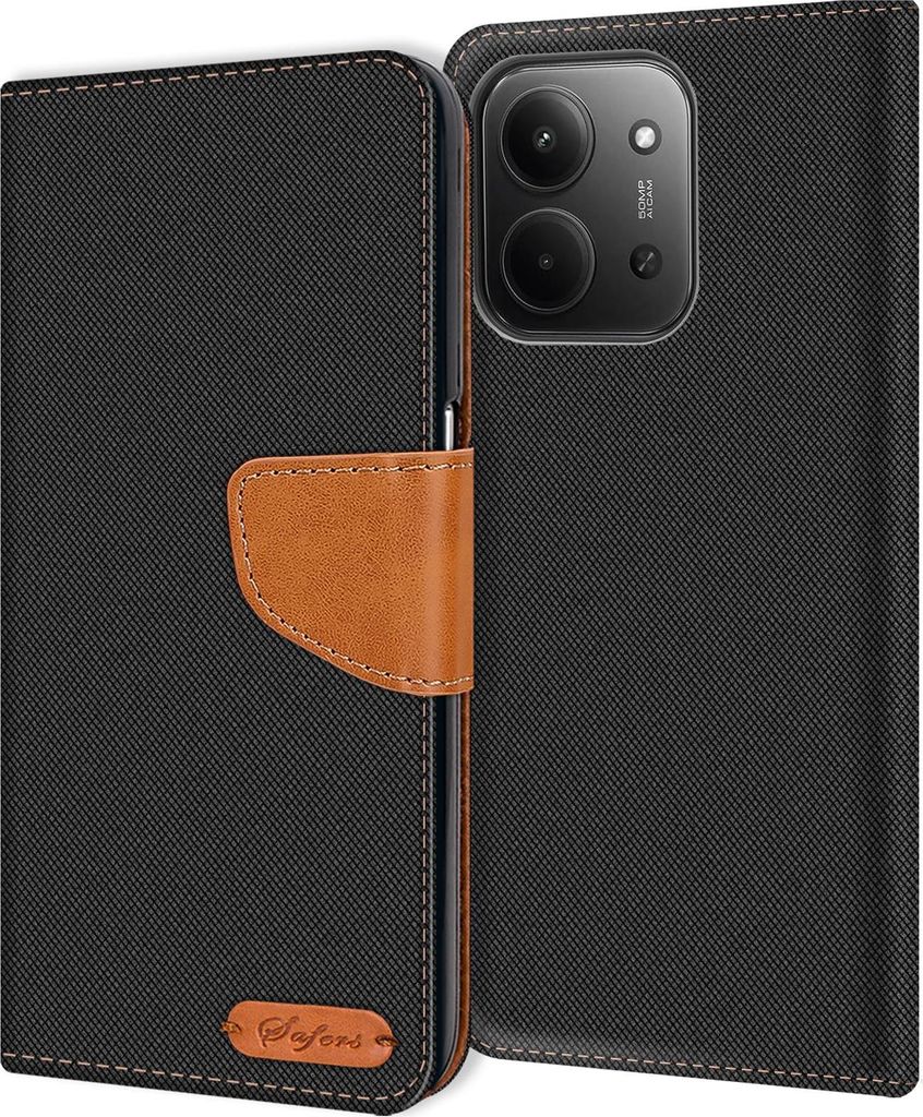 A black flip case for a smartphone, with a brown leather accent and a small brown logo on the bottom left.