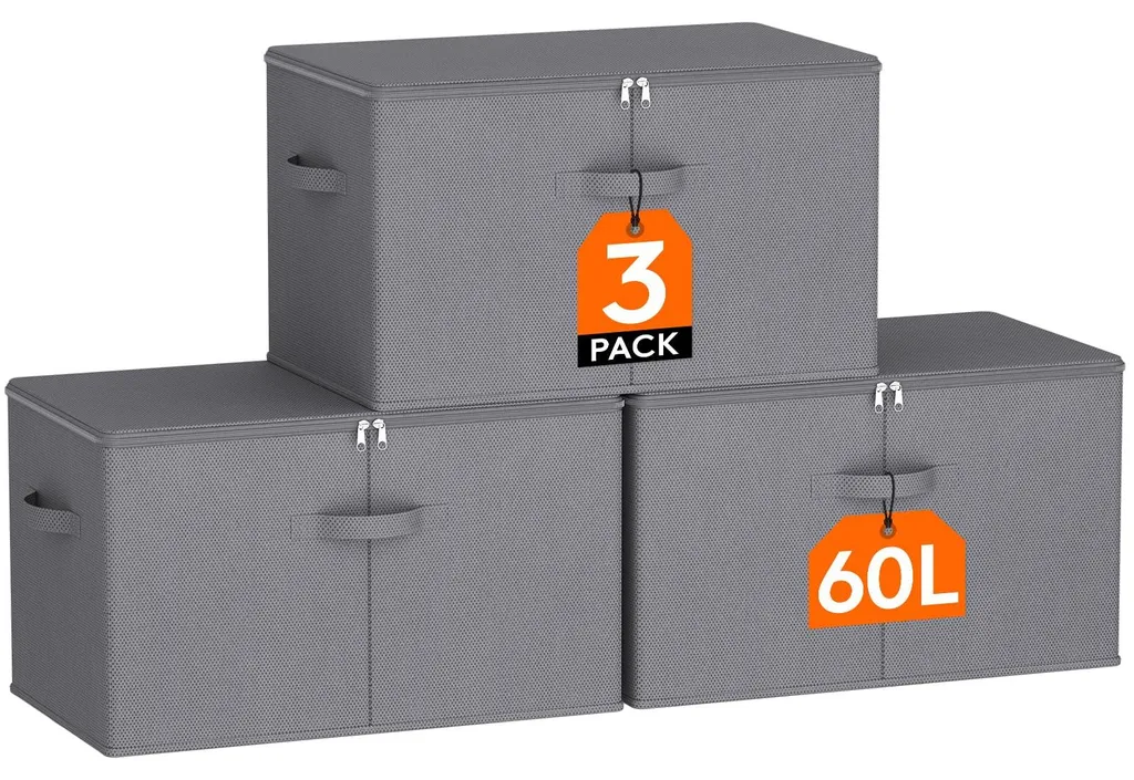 Boîte de rangement avec couvercle pliable en non-tissé gris 56x32x33cm