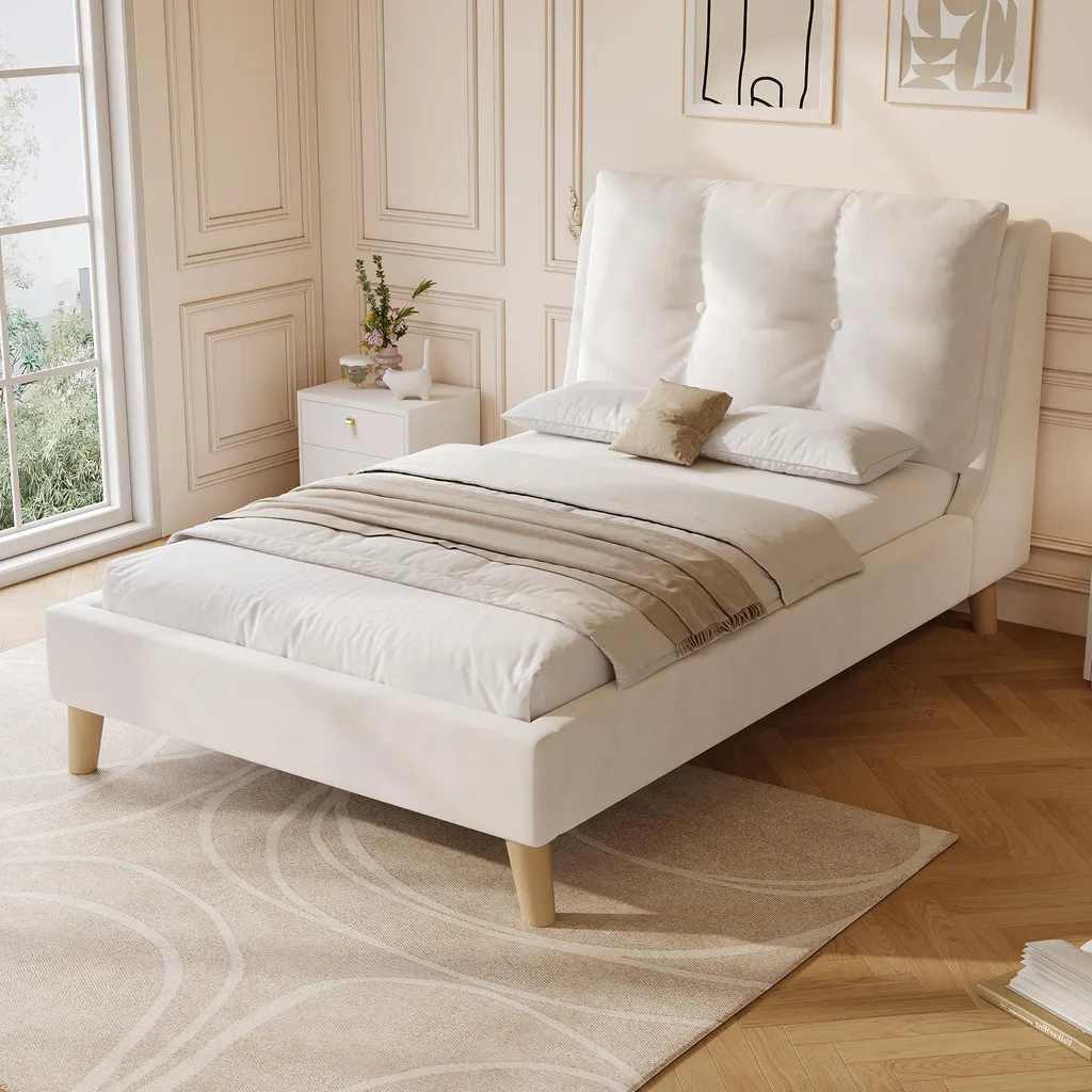 Lit enfant beige rembourré 90 x 200 cm au design doux avec sommier