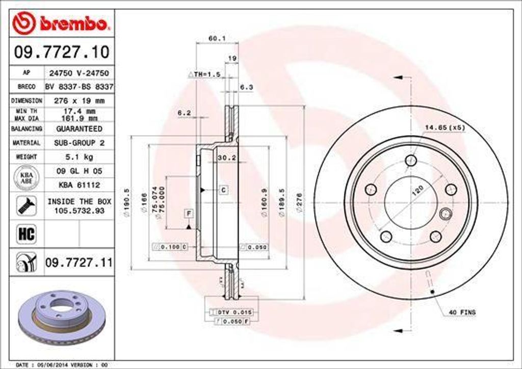 BREMBO 09.7727.11 Bremsscheibe OE 34211162315 kompatibel mit 3er E46, 3er E36