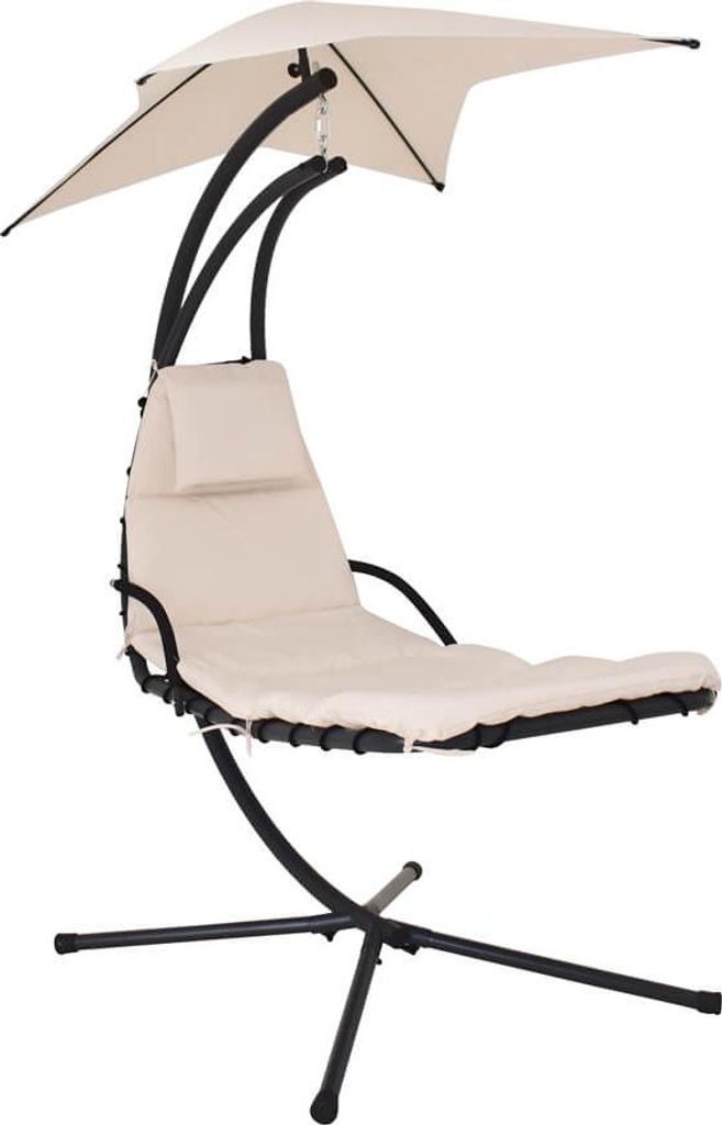A cream-colored lounge chair with a black frame and a cream-colored umbrella is shown against a white background.