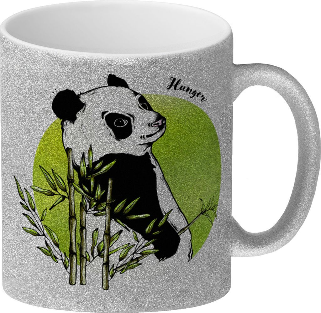 Panda mit Bambus Glitzer-Kaffeebecher in weiß und grün