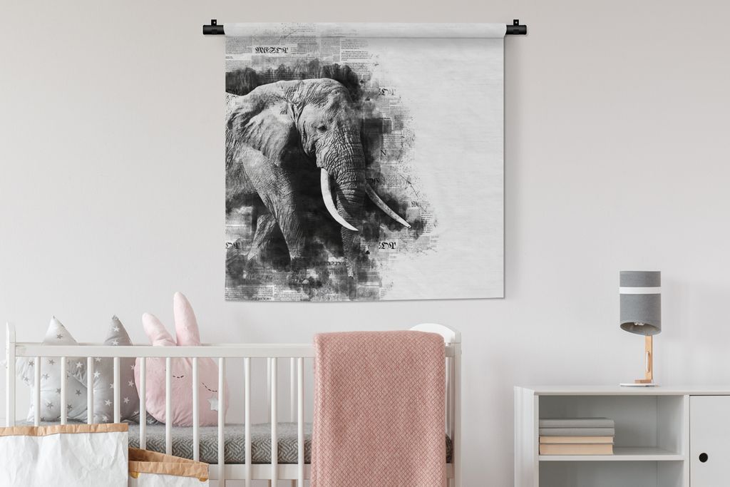 MuchoWow Wandteppich Wandbehang Elefant - Papier - Farbe - Schwarz - Weiß 90x90 cm Tapisserie Dekoration Wandtuch - Wandaufhänger