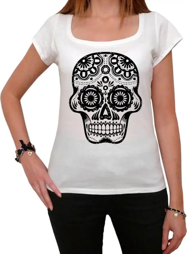 Damen Grafik T-Shirt Tag der Toten Schädel schwarz und 1 – Day Of The Dead Skull Black And 1 – Öko-Verantwortlich Vintage Jahrgang Kurzarm Lu...