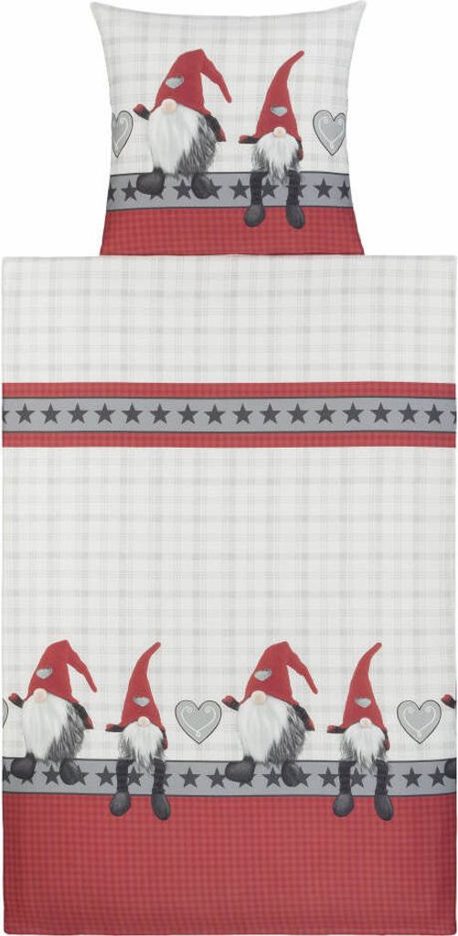 A flat lay image of a duvet cover and pillowcase set with a gnome theme.