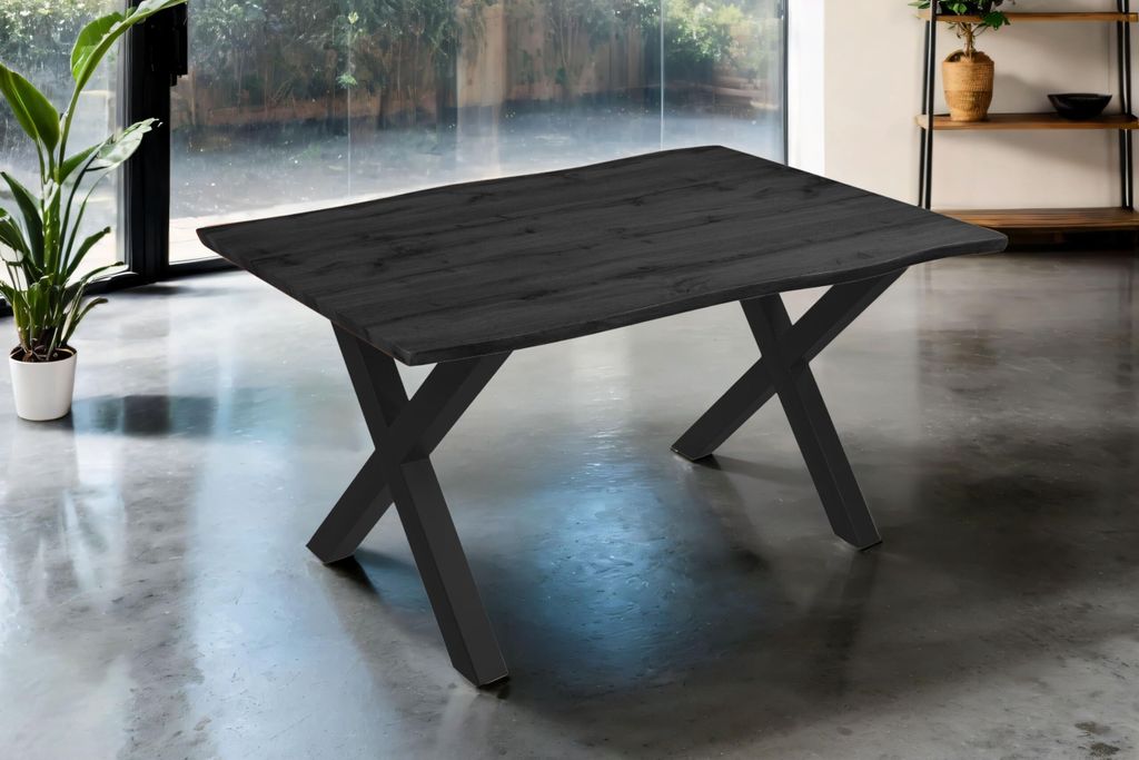 Esstisch Josy | 160 x 85 cm | Holz-Optik in Grau | X-Gestell Metall schwarz | 40 mm Tischplatte mit Baumkante | Tisch für Esszimmer & Küche