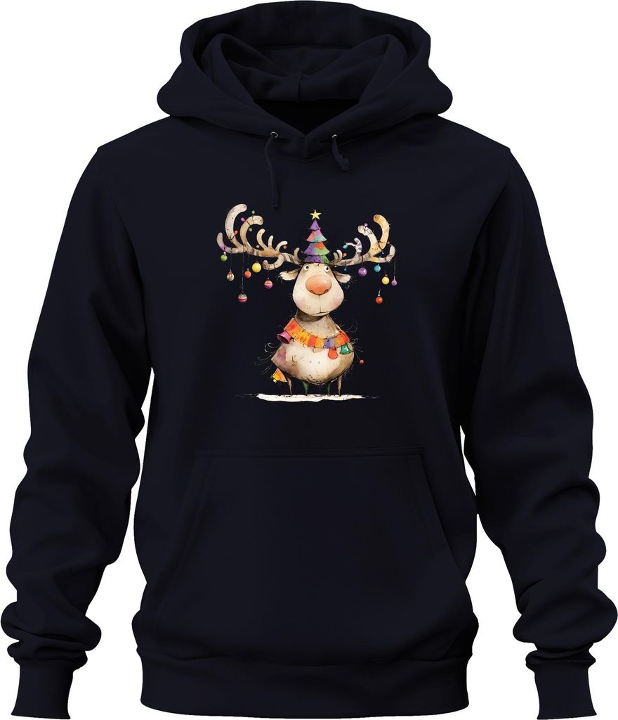 Rentier Weihnachten Geweih Christbaumkugel Lustig Kinder Bunt Uni Hoodie Kapuzenpullover, Navy, XXL