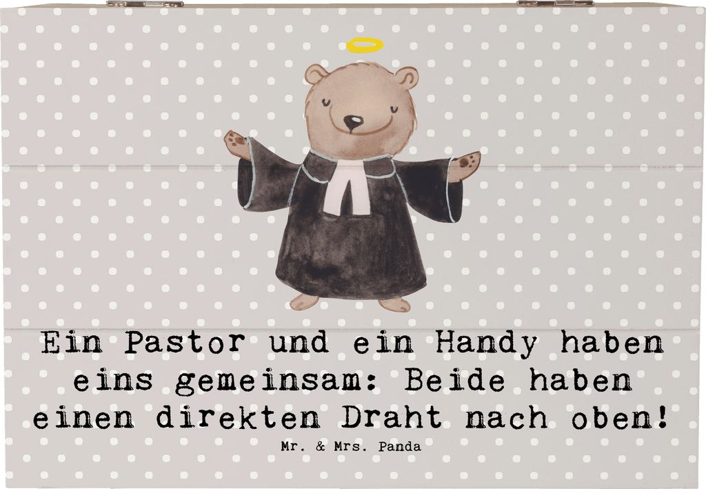 Mr. & Mrs. Panda Holzkiste Pastor Verbindung 22 x 15 cm - Grau Pastell - Geschenk, Truhe, Seelsorger, direkter Draht nach oben, Kiste, Geschenke mi...