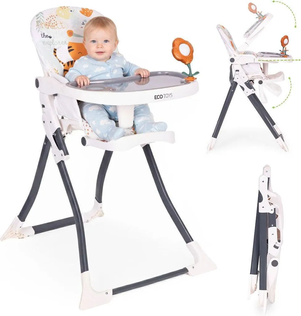 Chaise haute avec harnais de sécurité, tablette modulable et jouets d'éveil