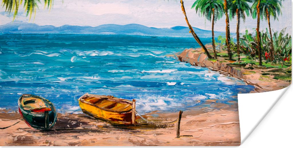 MuchoWow Poster Gemälde - Öl auf Leinwand - Strand - Palme - Boot 120x60 cm - Bild