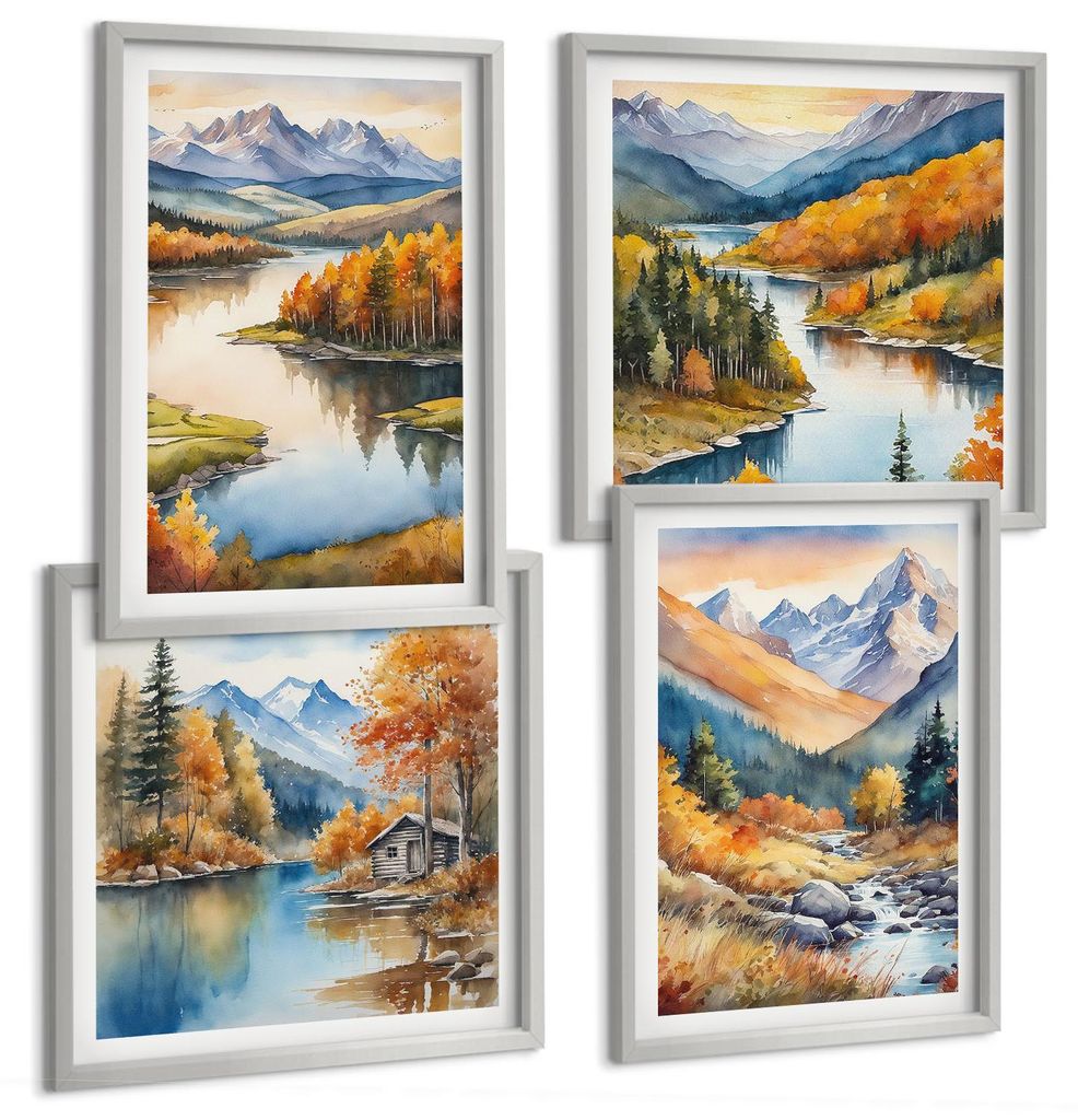 Bilder Set 4-teilig im silbergerahmten Rahmen – Wandbilder 4 Stück – gerahmte Poster für Wohnzimmer, Schlafzimmer und Flur – 50x50 cm - 40x...