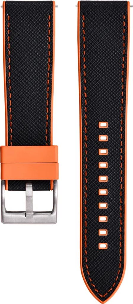 CHROONOO Saffiano Leder / Kautschuk Hybrid Performance Uhrenarmband - Schwarz/Orange, 20 mm, Silber gebürstet