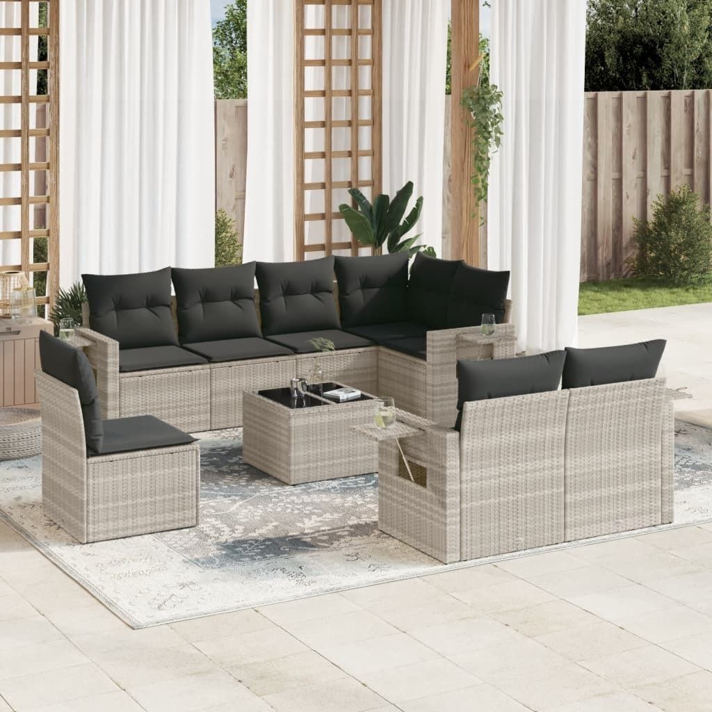 9-tlg. Garten-Sofagarnitur mit Kissen Hellgrau Poly Rattan, Gartenmöbel-Sets 2024 Neu Design Möbel