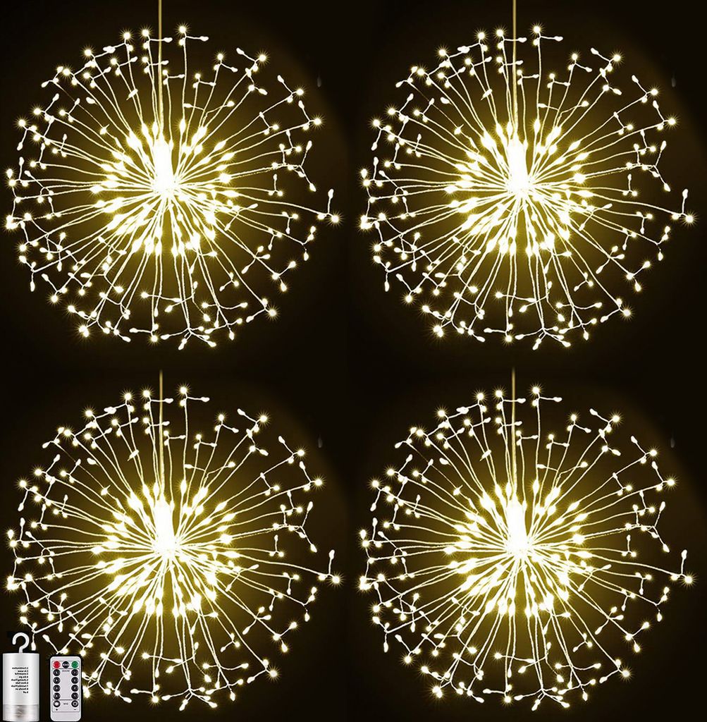 4 Stück Feuerwerk Lichterkette LED Starburst Licht 8 Lichtmodi Wasserdicht Weihnachtslicht mit Fernbedienung Garten Weihnachten Deko, Warmweiß