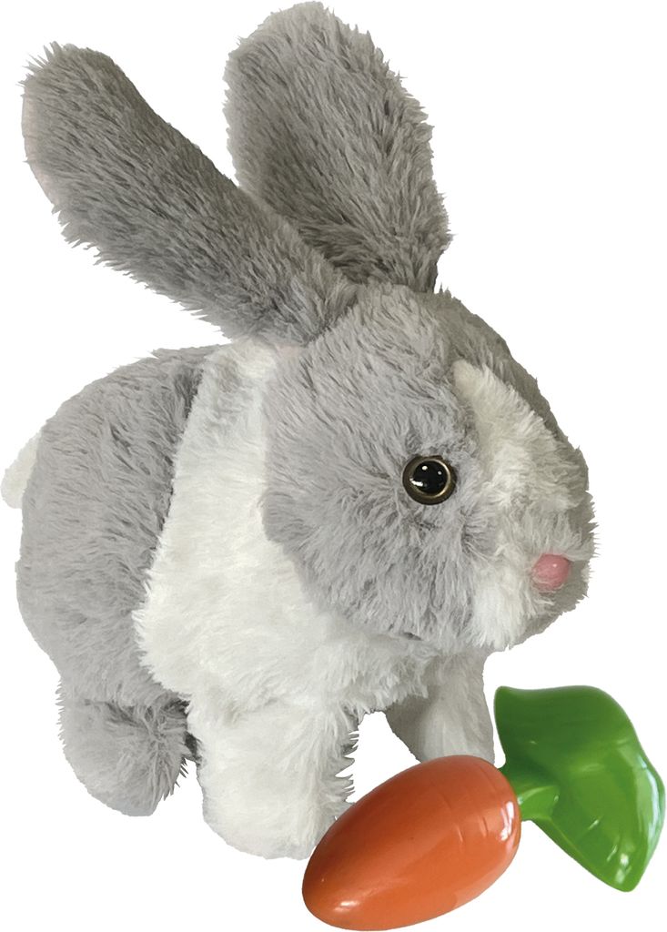 A plush toy rabbit with a carrot accessory against a white background.