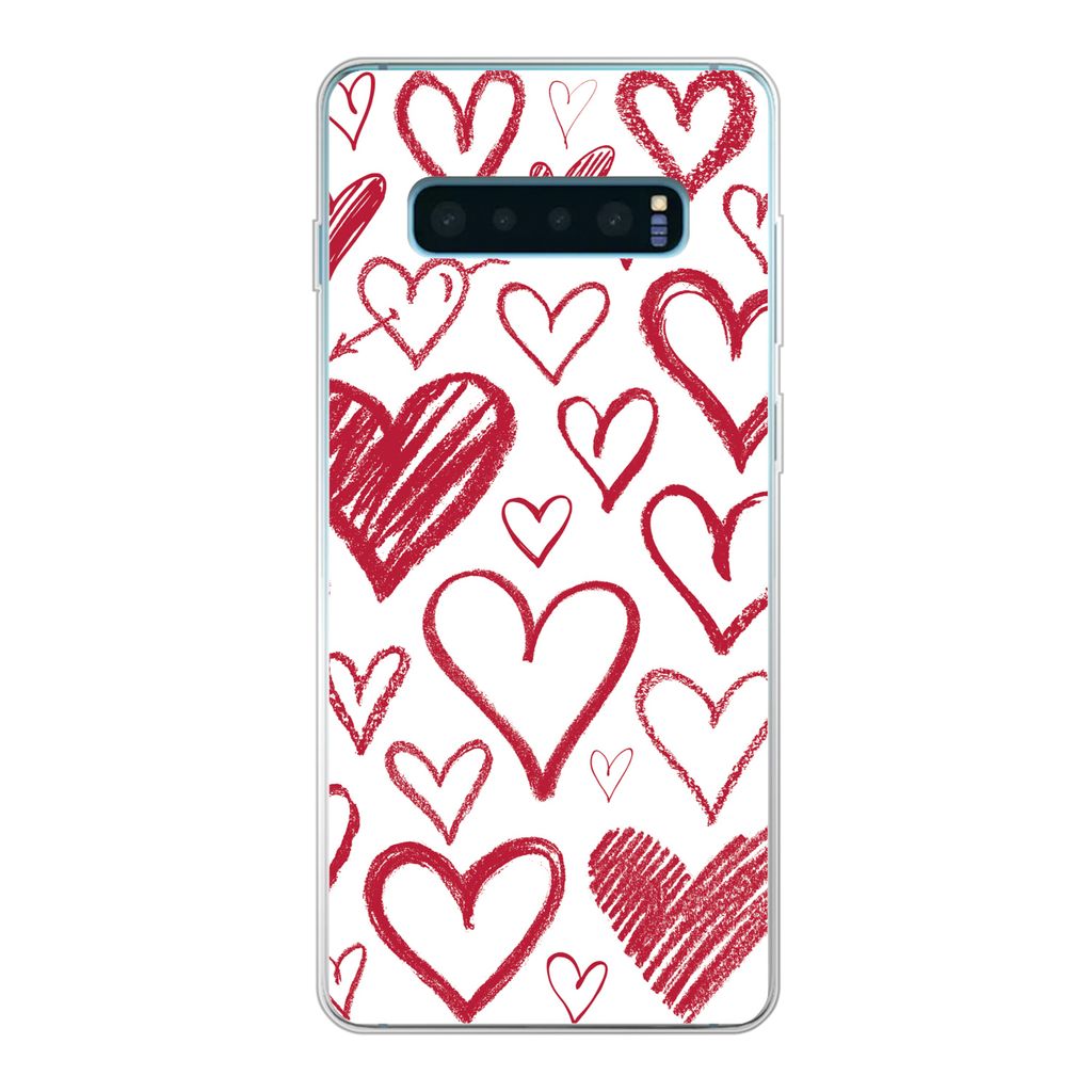 MuchoWow Handyhülle Schutzhülle Hülle für Samsung Galaxy S10 Plus Eine Illustration mit mehreren Herzen auf weißem Hintergrund Silikon Softc...