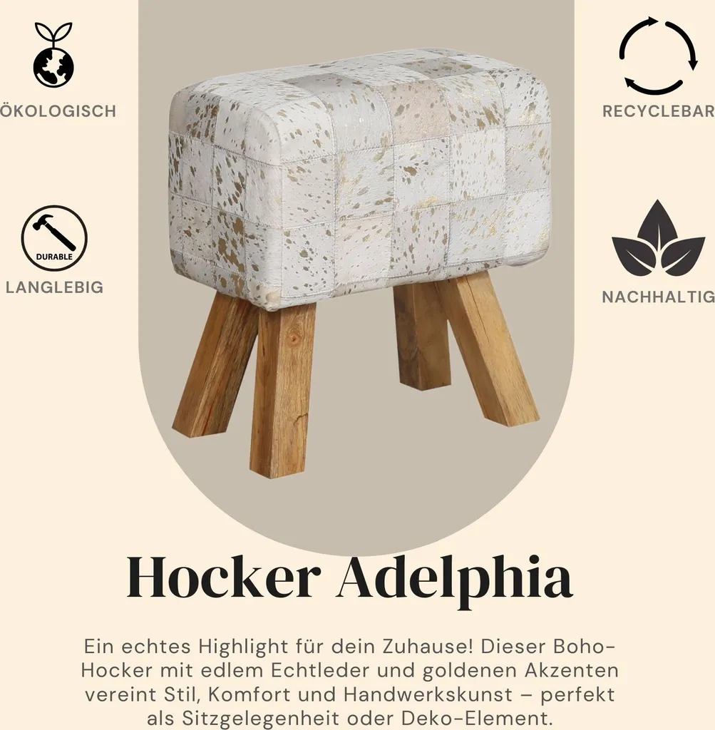 Tabouret bas design patchwork de cuir Adelphia avec pieds bois massif