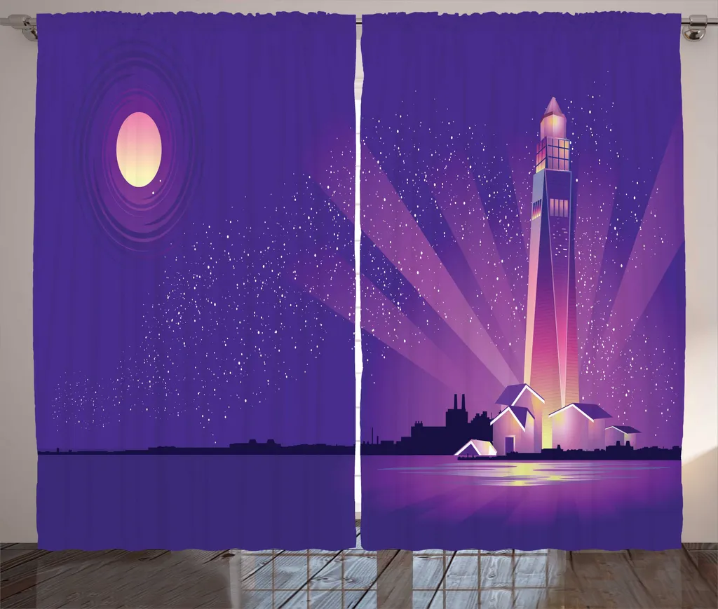 Paire de rideaux déco 280x225 cm impression Phare Nuit Bleu et Rose