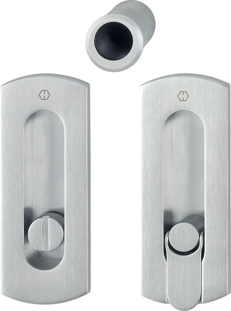 Hoppe Schiebetür Griff Set - 2x Muschelgriff eckig + 1x Stiernziehgriff WC, Messing verchromt satiniert
