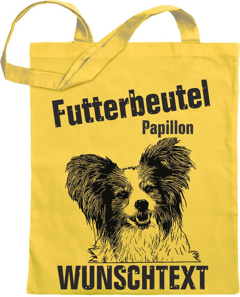 Kiwistar Futterbeutel - Papillon - Einkaufsbeutel Wunschtext mit Motiv Hund - Jutebeutel bedruckt - Tragetasche Stoffbeutel Umhängetasche Langer H...